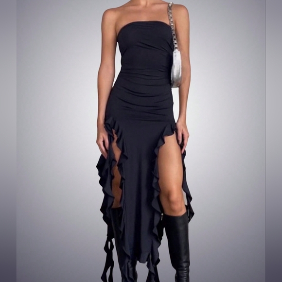 Ruffle Trim Asymmetrical Hem Tube Dress - Picture 1 of 4